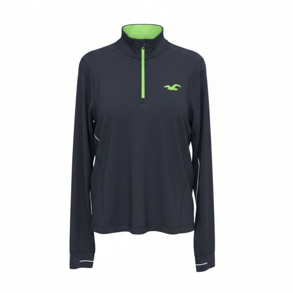 Hollister Sport Men XL Navy Black Neon Green Quarter Zip Pullover Thumbholes